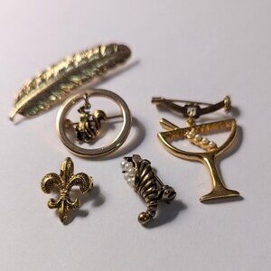 Vintage Lot Brooches Jewelry Leaf*Circle Brooch*Martini Glass*Cornucopia*Fleur